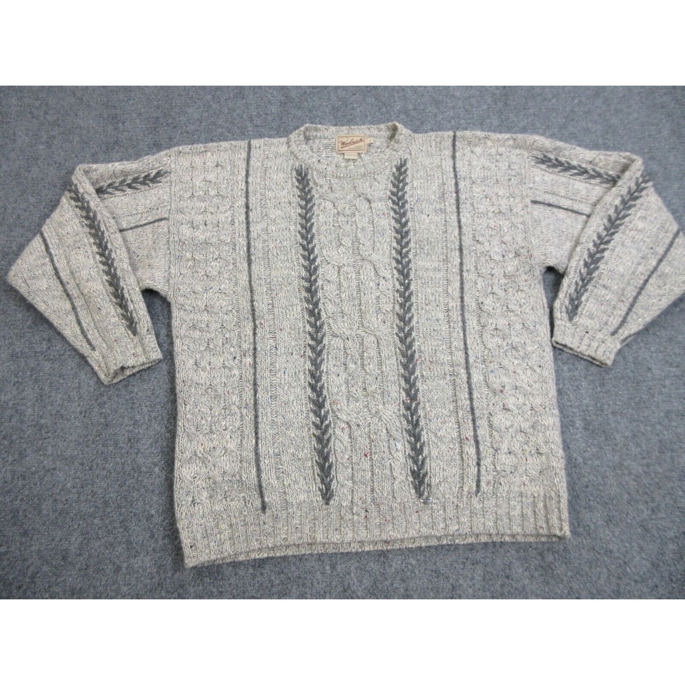 VINTAGE Woolrich Fisherman Sweater Mens Large Gray Wool Chunky Cable Knit